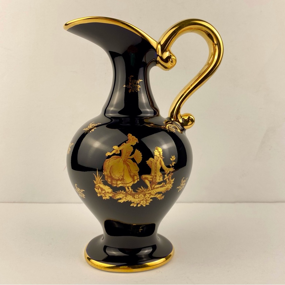 LIMOGES Castel France Courting Couple Porcelain Cobalt Gold 9 In Pitcher